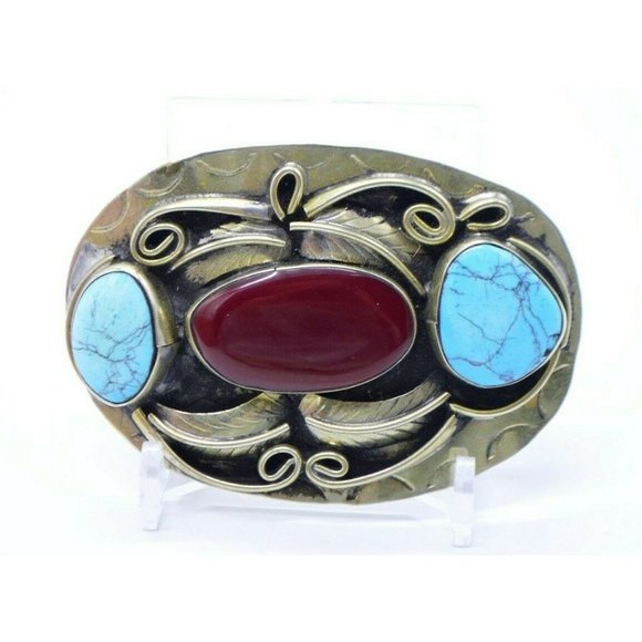 Vintage Accessories - Blue Turquoise Red Coral Navajo Made Mexican Silve